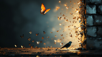 A beautiful sight of a bird and butterflies in flight. - obrazy, fototapety, plakaty
