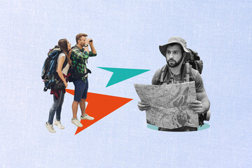 3D photo collage trend artwork composite sketch image of two people young couple try find way arrow...