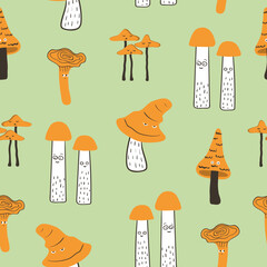 Funny mushrooms with eyes seamless pattern. Vector print with characters