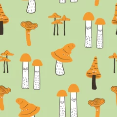 Deurstickers Funny mushrooms with eyes seamless pattern. Vector print with characters © Afanasia