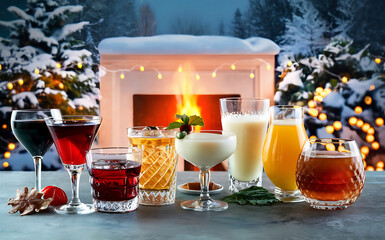 Various autumn winter alcohol drinks set different seasonal alcohol cocktails mulled wine glogg grog eggnog ginger ale hot buttered rum punch apple cider sangria white background - obrazy, fototapety, plakaty