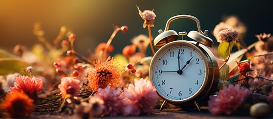 Alarm clock on beautiful nature background with summer flowers and autumn leaves