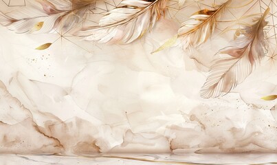 watercolor luxury rich light colors gold 3d big feathers. AI generated illustration