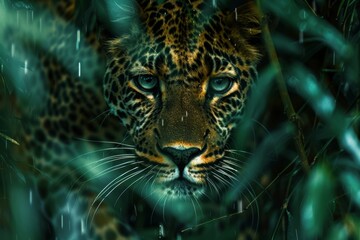 Leopard Outlined in Lush Forest Green Matrix Rain Style Generative AI