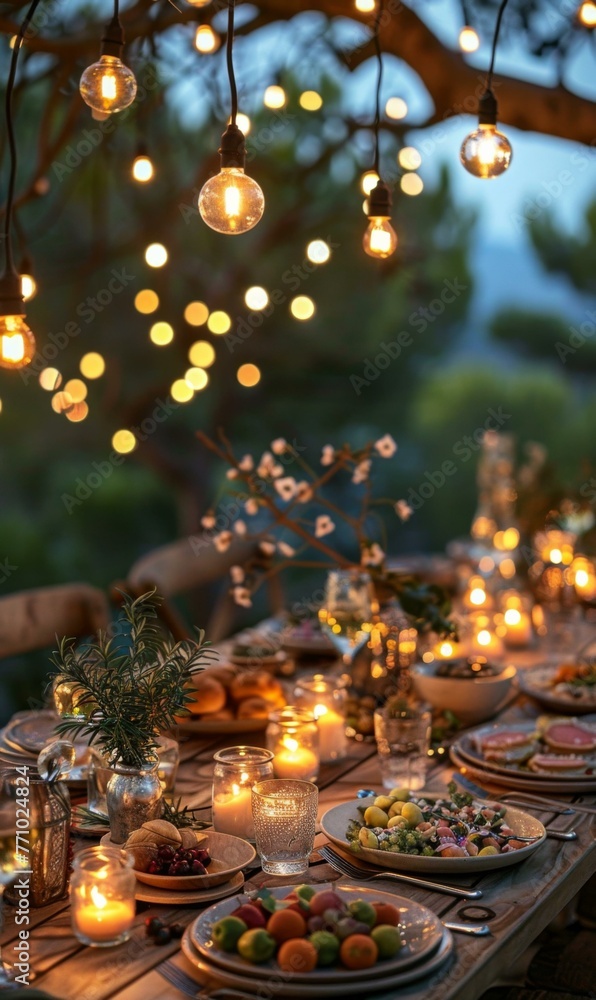 Aufkleber a table with plates of food and candles on it. generative ai.