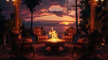 an image that evokes a sense of opulence and comfort, showcasing sumptuous chairs arranged elegantly around a glowing fire pit 