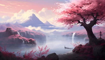 Selbstklebende Fototapeten Cherry blossom landscape background  3d rendering © Wazir Design