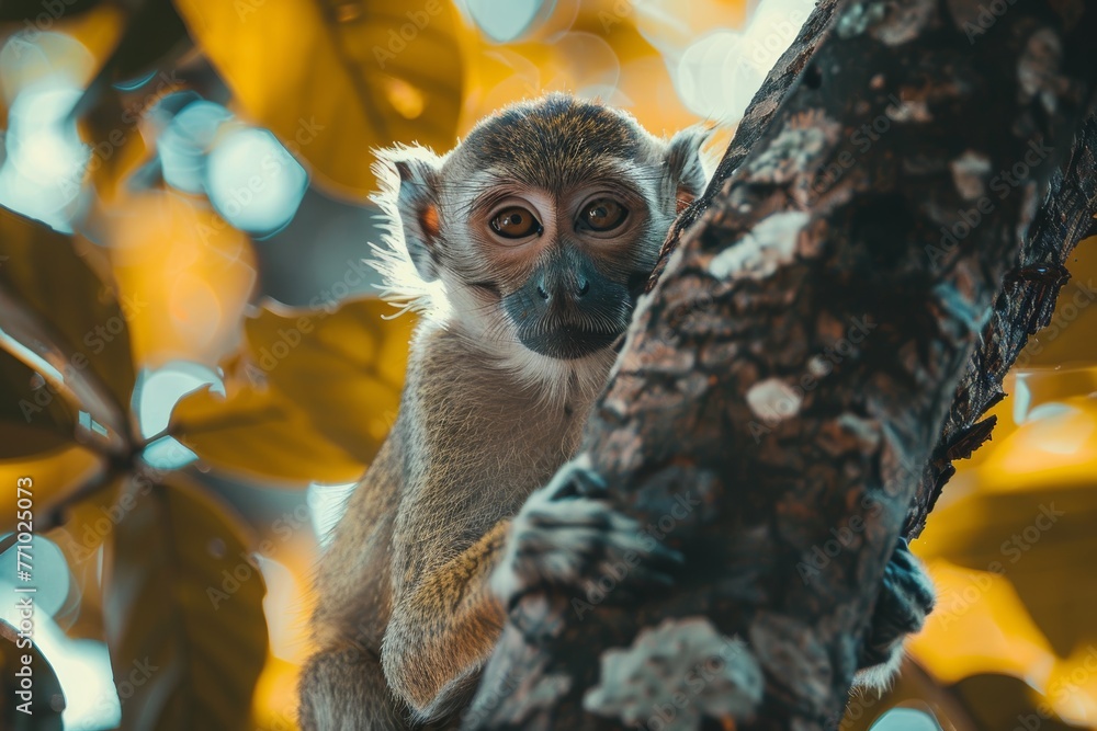 Poster playful monkey perched on a tree branch generative ai