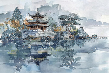A small temple on an island in the middle of a lake, depicted in a watercolor and ink sketch in the style of Chinese artists - obrazy, fototapety, plakaty