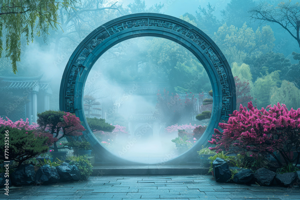 Aufkleber a moon gate stands in a misty garden. beyond its circular frame, layers of color blend seamlessly--j