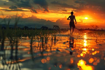 Foto op Canvas Person Sprinting towards the Sunset in a Paddy Field Generative AI © AlexandraRooss