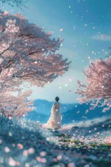 Girl in Traditional Hanfu Amidst a Cherry Blossom Tree and Blue Sky Generative AI