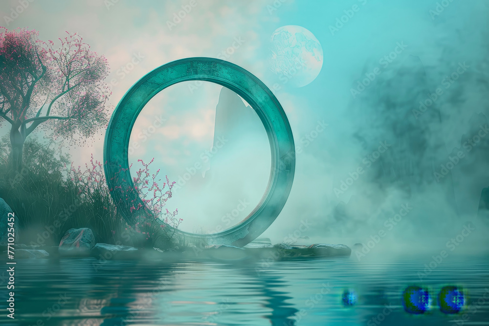 Poster a moon gate stands in a misty garden. beyond its circular frame, layers of color blend seamlessly--j