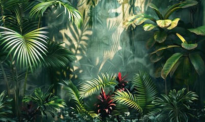 Seamless hand drawn tropical pattern with bright hibiscus flowers and exotic palm leaves on dark background. AI generated illustration - obrazy, fototapety, plakaty
