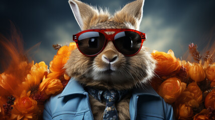 Bunny enjoying the sunny days in style with cool shades and trendy blue jacket. - obrazy, fototapety, plakaty