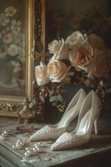 Pearl-Adorned Rose Wedding Shoes on a Table: Hatecore-Style Design Generative AI