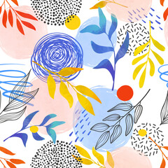 Abstract floral seamless pattern with watercolor colorful shapes and branches
