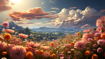 Captivated by the ethereal beauty of this landscape, where colorful flowers and fluffy clouds create a mesmerizing scene. ️ - obrazy, fototapety, plakaty