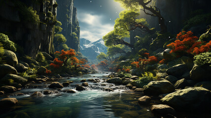 Nature's symphony whispers through the flowing river, as the forest dances in harmony. - obrazy, fototapety, plakaty