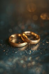 Obraz na płótnie Canvas Wedding Rings Set on Dark Background in Japanese Graphy Rustic Realism Style with Amber and Silver Hues Generative AI