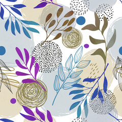 Abstract floral seamless pattern with watercolor doodle shapes and branches