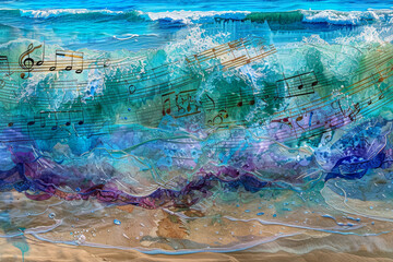 A synesthetic seascape--waves of color blend with musical notes. Each crest hums a different chord--majestic symphonies, jazzy improvisations, and soulful ballads. - obrazy, fototapety, plakaty