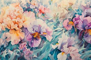 A watercolor reverie--waves of pastel hues blend seamlessly. Abstract flowers bloom on the crests--peonies, irises, and daisies. - obrazy, fototapety, plakaty