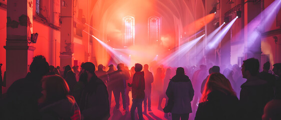 Fototapeta na wymiar A sea of silhouettes against vibrant lights in a church turned music venue creates an electrifying atmosphere