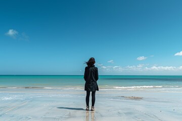 Solitary Figure in Black on the Beach: Woman Contemplating the Vast Ocean Generative AI