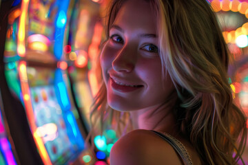 close-up of a beautiful woman at a casino, her face illuminated by the soft light of the slot machines.