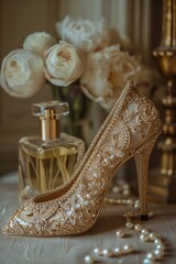 Rococo-Style Gold Bridal Shoe and Perfume Bottle in Pastel Hues Generative AI