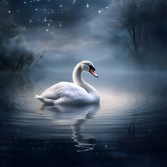 Beautiful white swan on the lake at night with moonlight