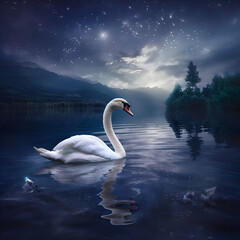 Fototapeta premium Beautiful swan on a lake at night with starry sky