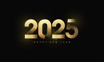 Happy new year 2025 vector. With shiny luxury gold numbers. Luxury gold halftone premium design. Design greetings, invitations, calendars and others.