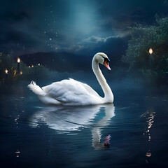 White swan swimming on the lake at night. 3d rendering