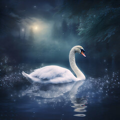 3d rendering of a white swan swimming in the dark forest