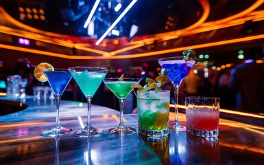 Fototapeta na wymiar Beautiful alcoholic cocktails are at the bar of the nightclub