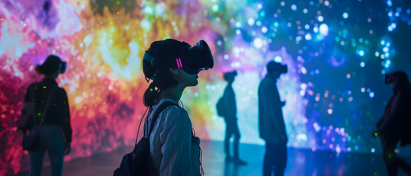 Person wearing VR headset at futuristic light show, with spectators around, symbolizing technology and escapism