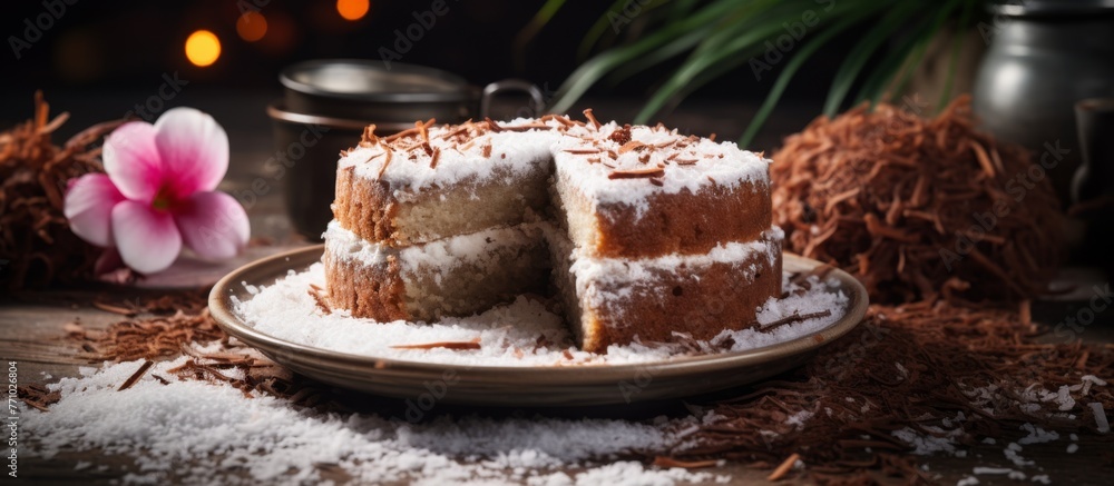 Poster a delicious cake with a missing slice sits on a plate atop a table. the event is a dessert gathering