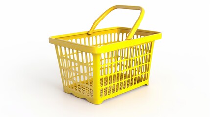Against a white background, a yellow shopping basket is depicted in this 3D rendering illustration.