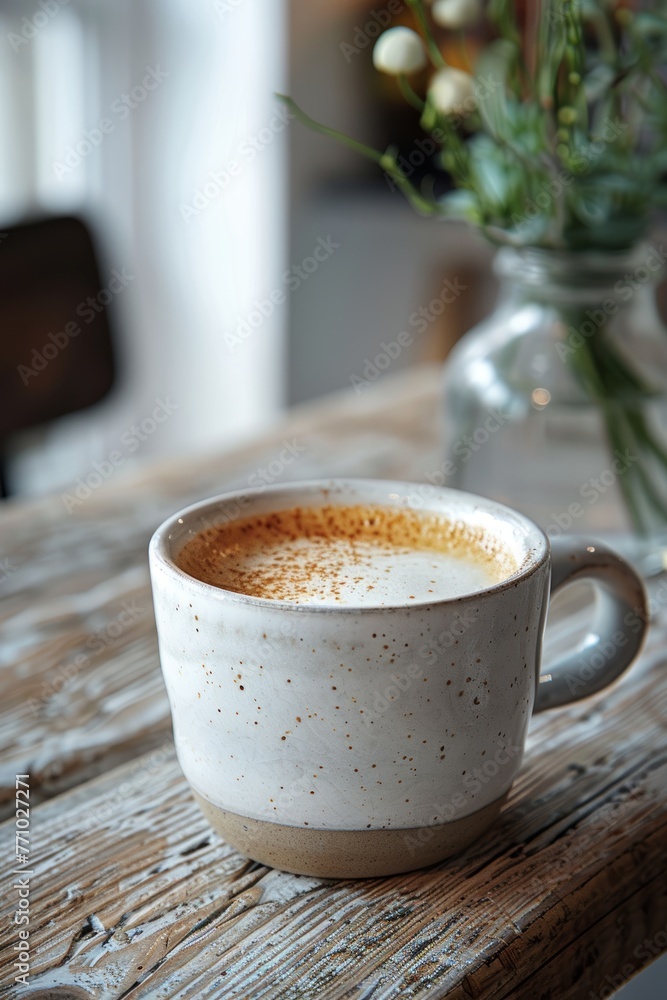 Poster minimalist white cafe table with latte close-up generative ai