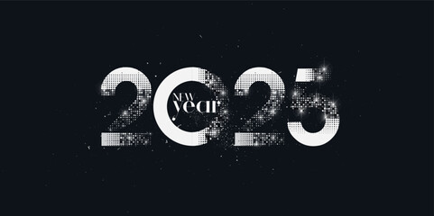 Luxury happy new year 2025 vector design. With shiny silver metallic halftone style. Premium vector background 2025.