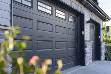 A close-up of a modern two-car garage. The garage is part of a stylish contemporary home, with a...