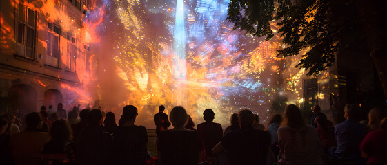 Fototapeta na wymiar A mesmerizing fireworks show captivates an audience gathering in a city event, showcasing vibrant explosions in the sky