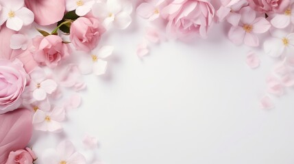 Fototapeta na wymiar Wedding desktop with pink flowers and ribbon on a white blank paper. Wedding invitation card decoration.