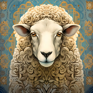 Sheep head on ornate background. Digital art painting.   illustration.