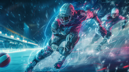 High-energy sports wallpaper concept design, ice punk sporty image with colorful vibrant special effects and water splashes, sports team background image, football rugby or soccer players in action - obrazy, fototapety, plakaty