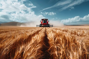 Modern Harvesting in Golden Wheat Field - Agricultural Technology Theme, Farming Efficiency Concept, Perfect for Machinery Branding and Agronomy Educational Materials