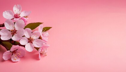 Naklejka na ściany i meble Spring cherry blossom on a pink background. pastel colors, greeting card design for holiday, Mother's Day, Easter, Valentine's Day. copy space. Flat lay, top view