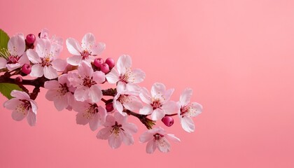 Spring cherry blossom on a pink background. pastel colors, greeting card design for holiday, Mother's Day, Easter, Valentine's Day. copy space. Flat lay, top view